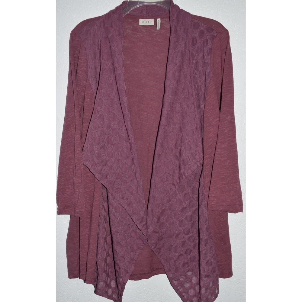 LOGO Lori Goldstein Womens Plum Purple Draped Lace Front Slub Cardigan Size M